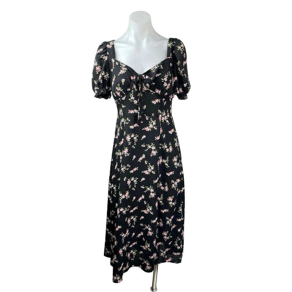 Hesperus Black Floral Ditsy Short Puff Sleeve Tie Smocked A Line Midi Dress Sz M